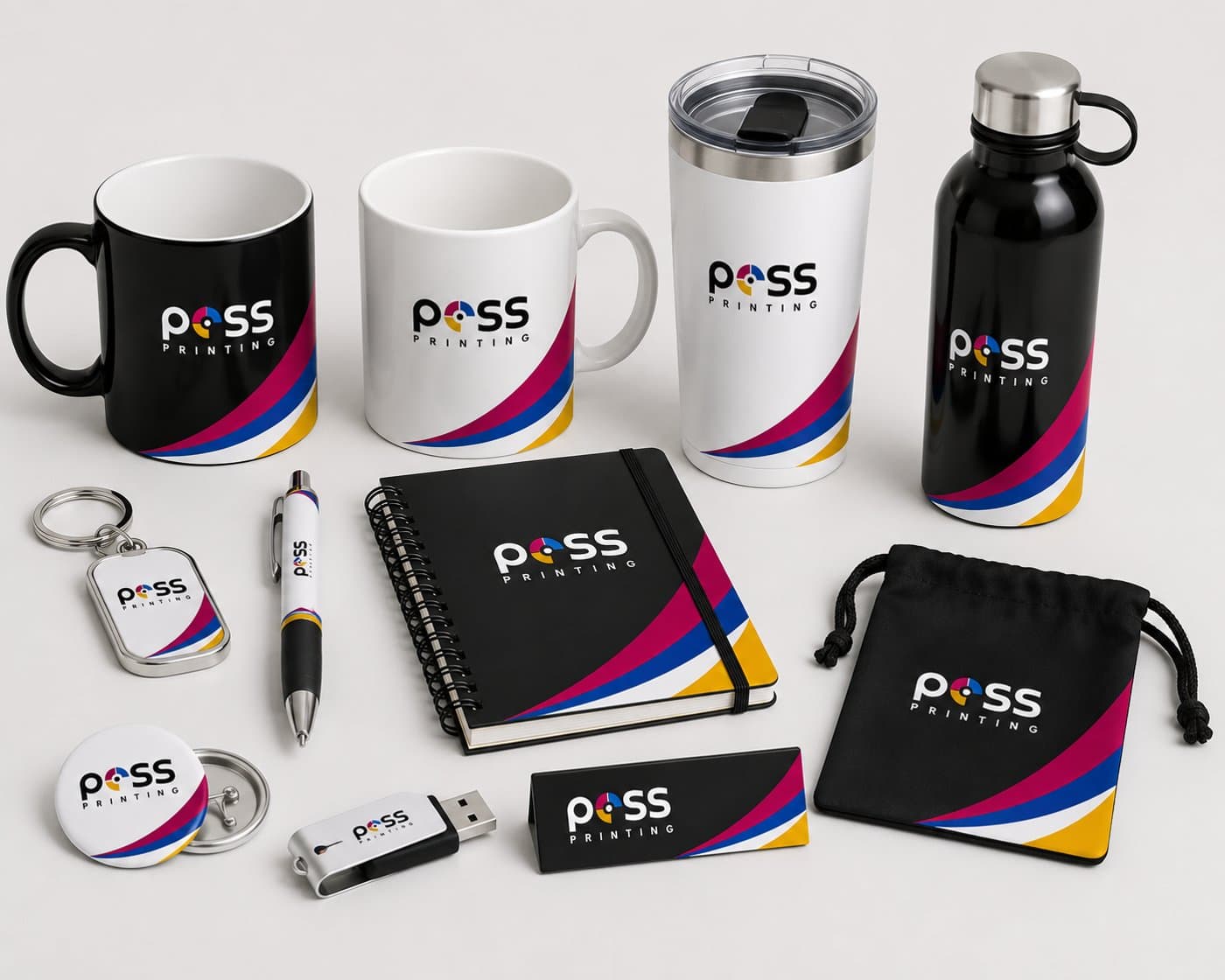 A collection of PESS branded mugs and souvenirs
